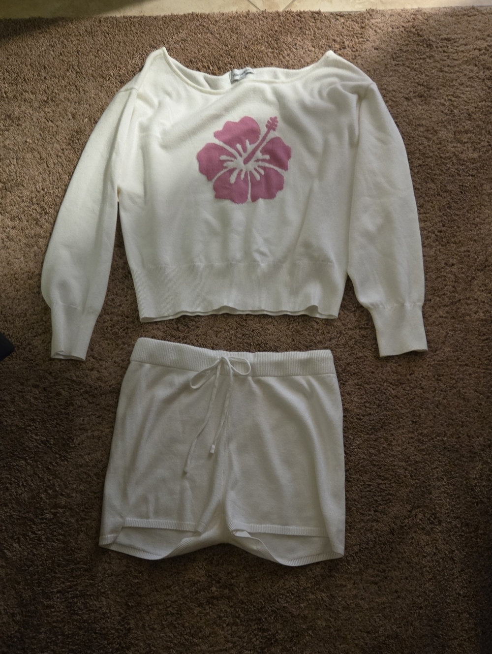 Women’s White Sweater  Lounge Set with Pink Floral Accent